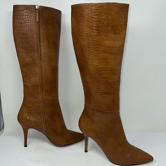 Hugo Boss Sz 39/US 9 Tall Croc Embossed Leather Zip Heel Boots - Picture 1 of 11